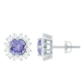 1 CT Classic Blue Tanzanite and Diamond Halo Stud Earrings