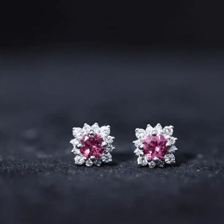 1 CT Classic Pink Tourmaline Stud Earrings with Diamond Halo