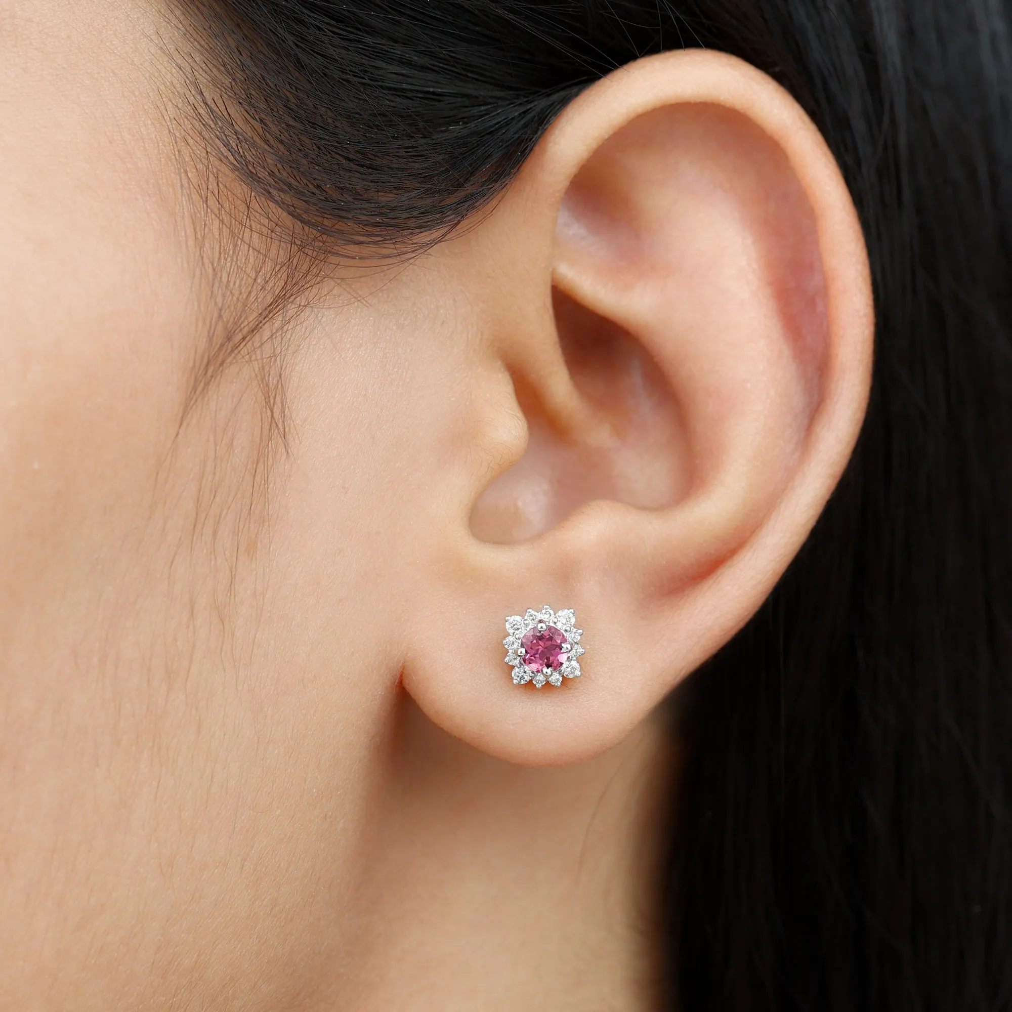 1 CT Classic Pink Tourmaline Stud Earrings with Diamond Halo