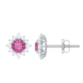 1 CT Classic Pink Tourmaline Stud Earrings with Diamond Halo