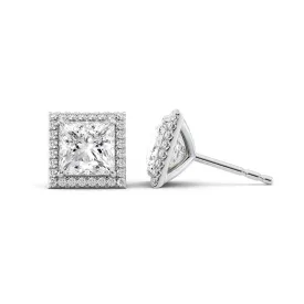 1 CTW Halo Stud Earrings Set With Princess Lab Diamonds