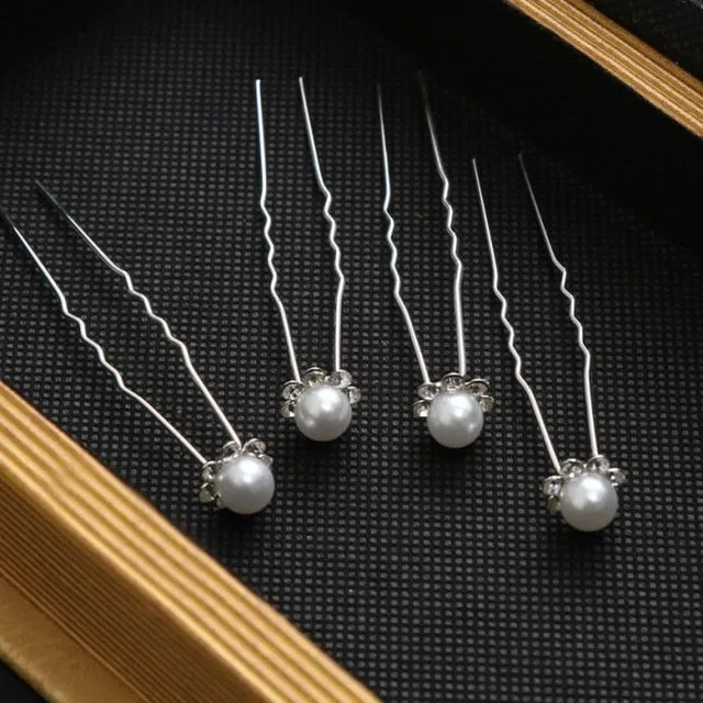 10PCS  Bridal U-Shaped Pin Pearl-Encrusted Zircon Flower Hairpin Wedding Accessory