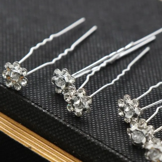 10PCS  Bridal U-Shaped Pin Pearl-Encrusted Zircon Flower Hairpin Wedding Accessory