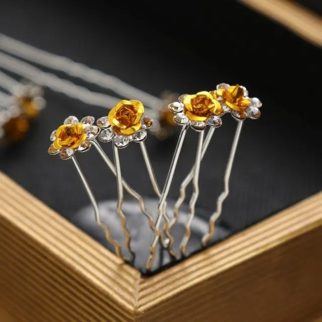 10PCS  Bridal U-Shaped Pin Pearl-Encrusted Zircon Flower Hairpin Wedding Accessory