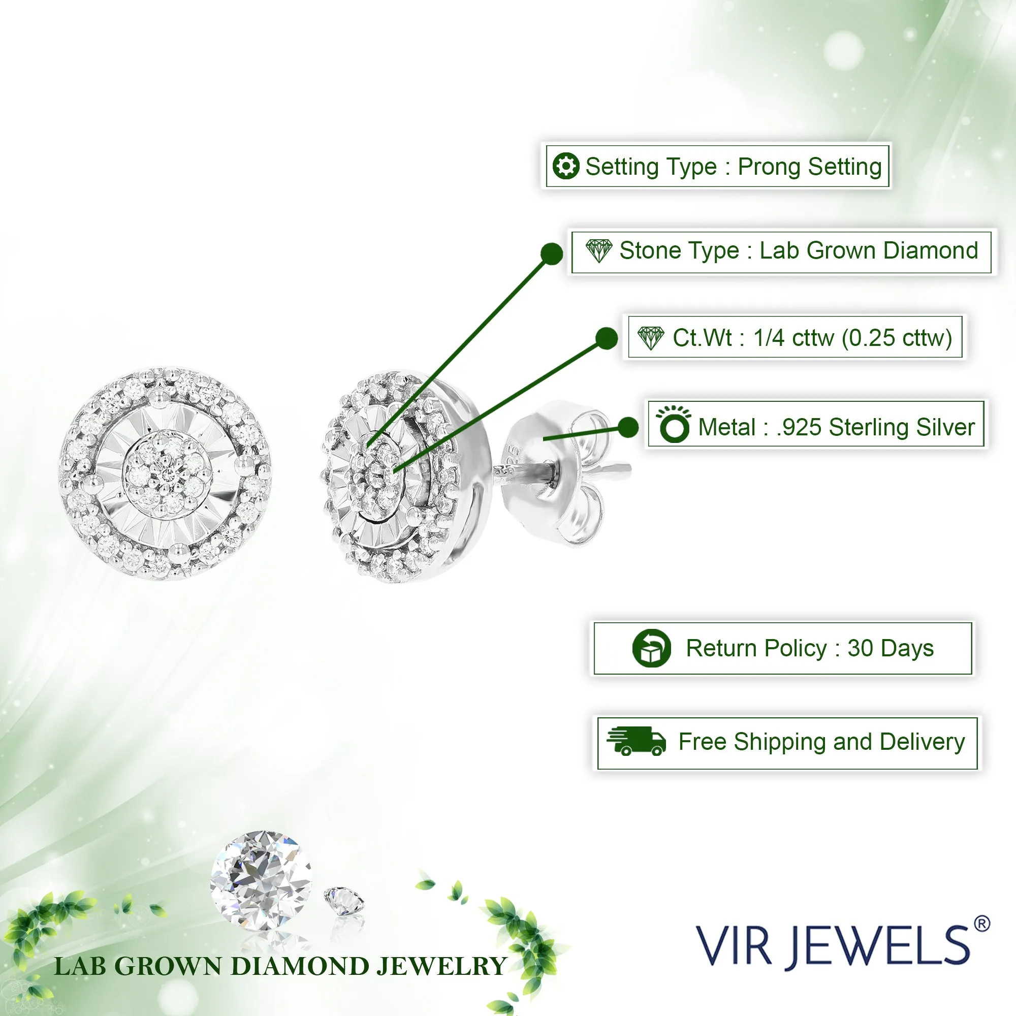 1/4 cttw 58 Stones Round Lab Grown Diamond Studs Earrings .925 Sterling Silver Prong Set 1/3 Inch