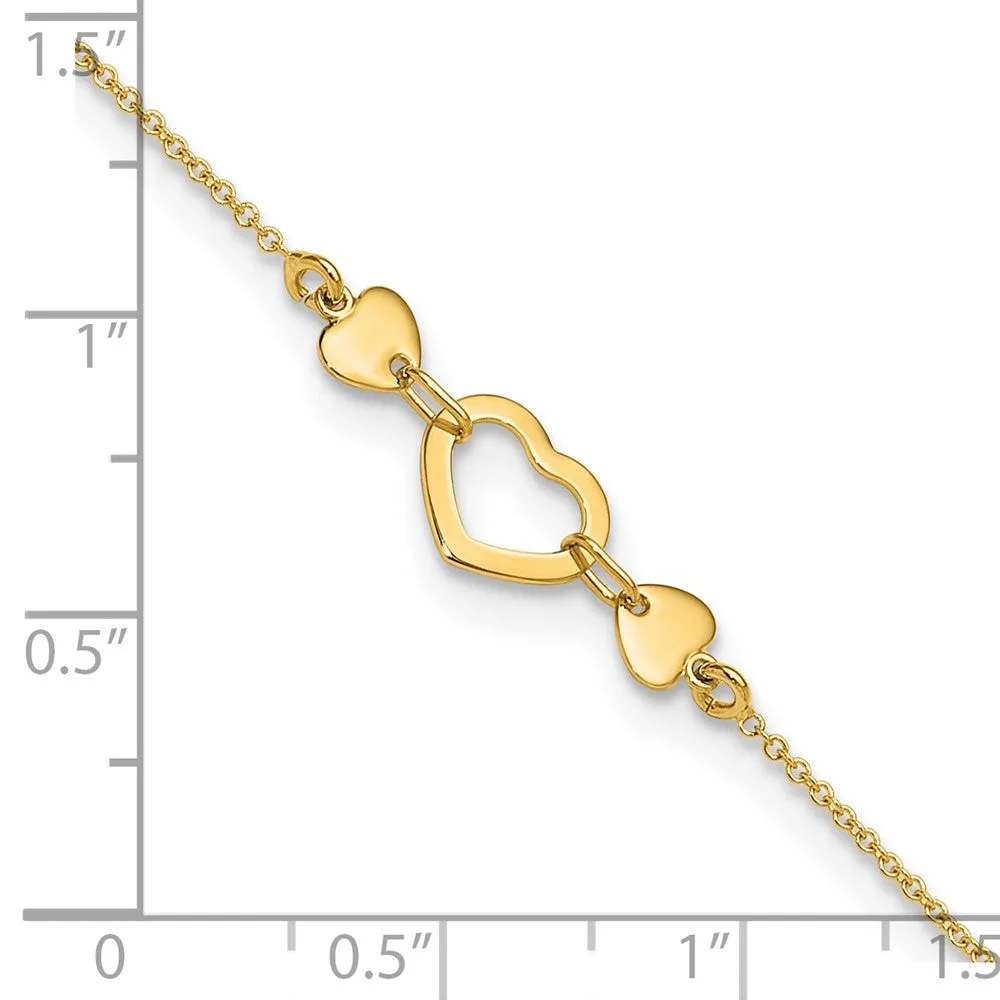 14k Solid Yellow Gold High Polished Heart Charm Adjustable Anklet, 10" to 10.75"