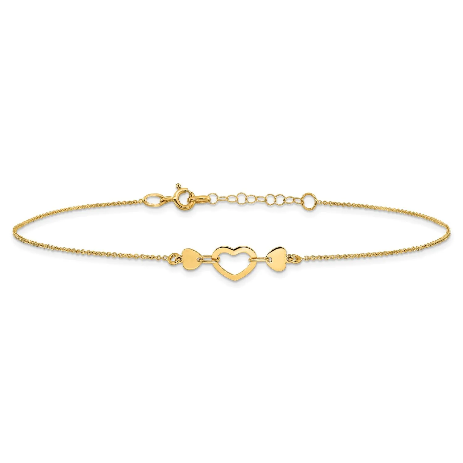 14k Solid Yellow Gold High Polished Heart Charm Adjustable Anklet, 10" to 10.75"