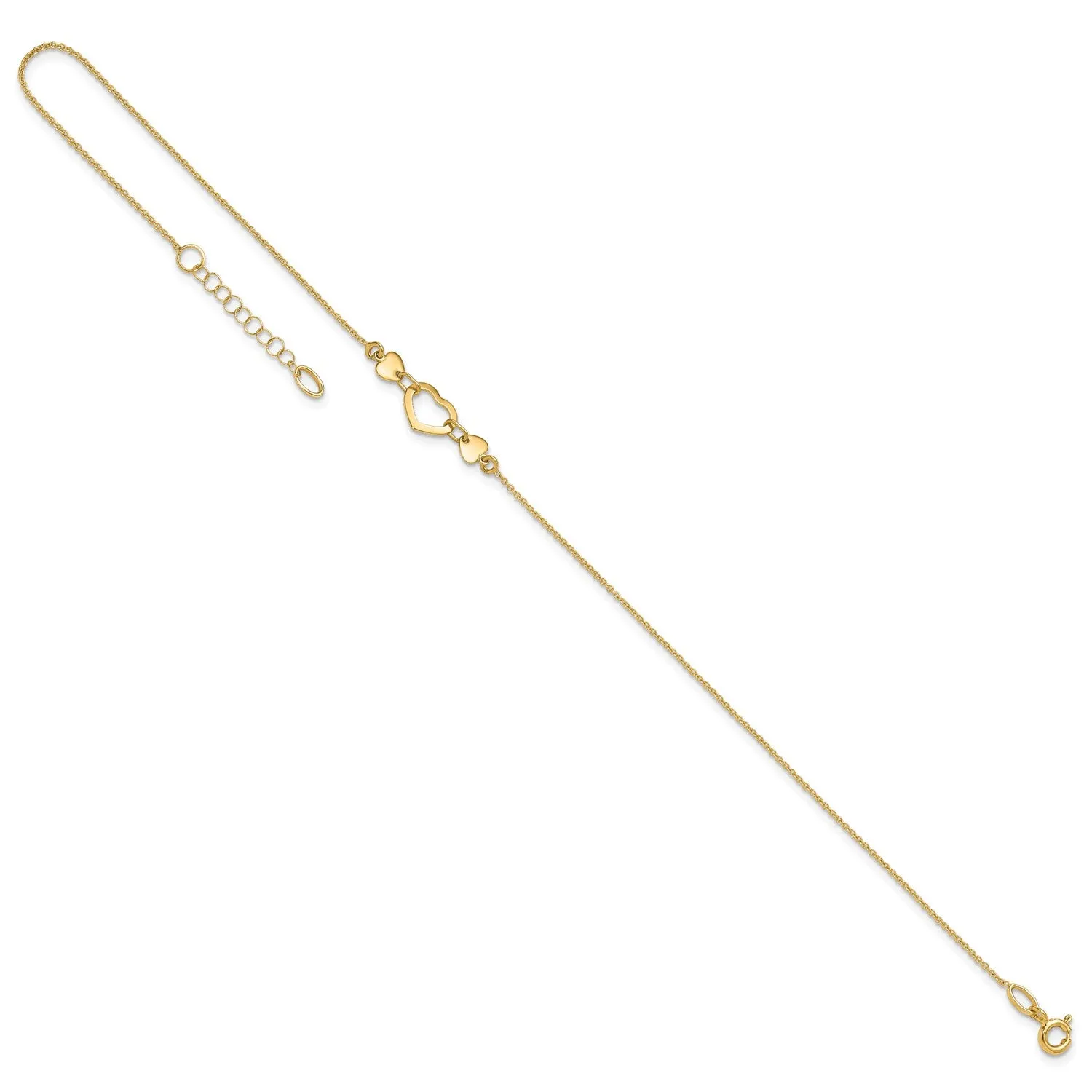 14k Solid Yellow Gold High Polished Heart Charm Adjustable Anklet, 10" to 10.75"