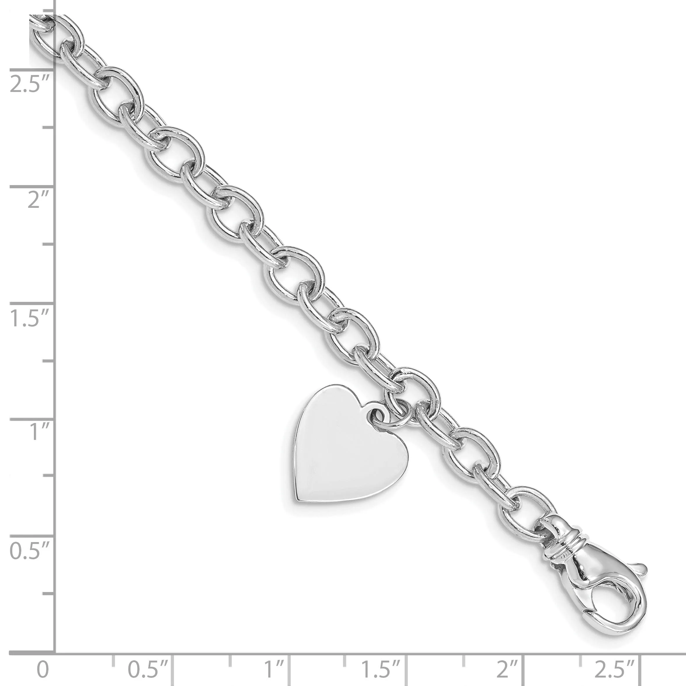 14k white gold heart link charm bracelet 7.5-inch, 13-mm width