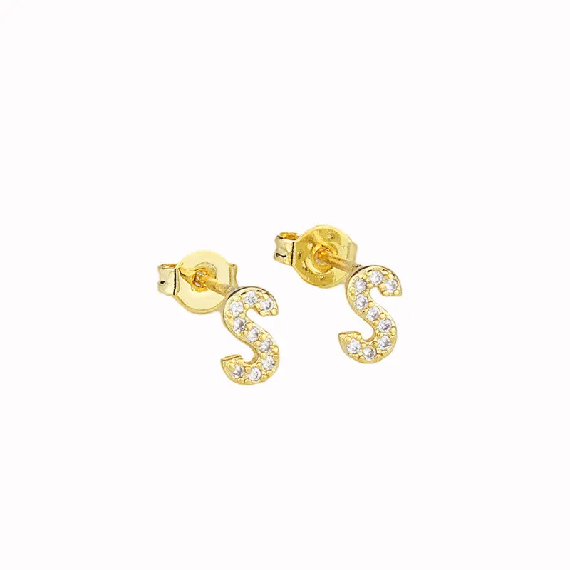 14k Yellow Gold Created White Sapphire Initial S Letter Stud Earrings Plated