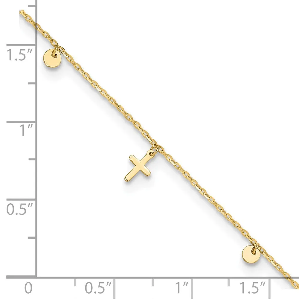 14K Yellow Gold High Polished Cross Charm Adjustable 9-10 Inch Anklet