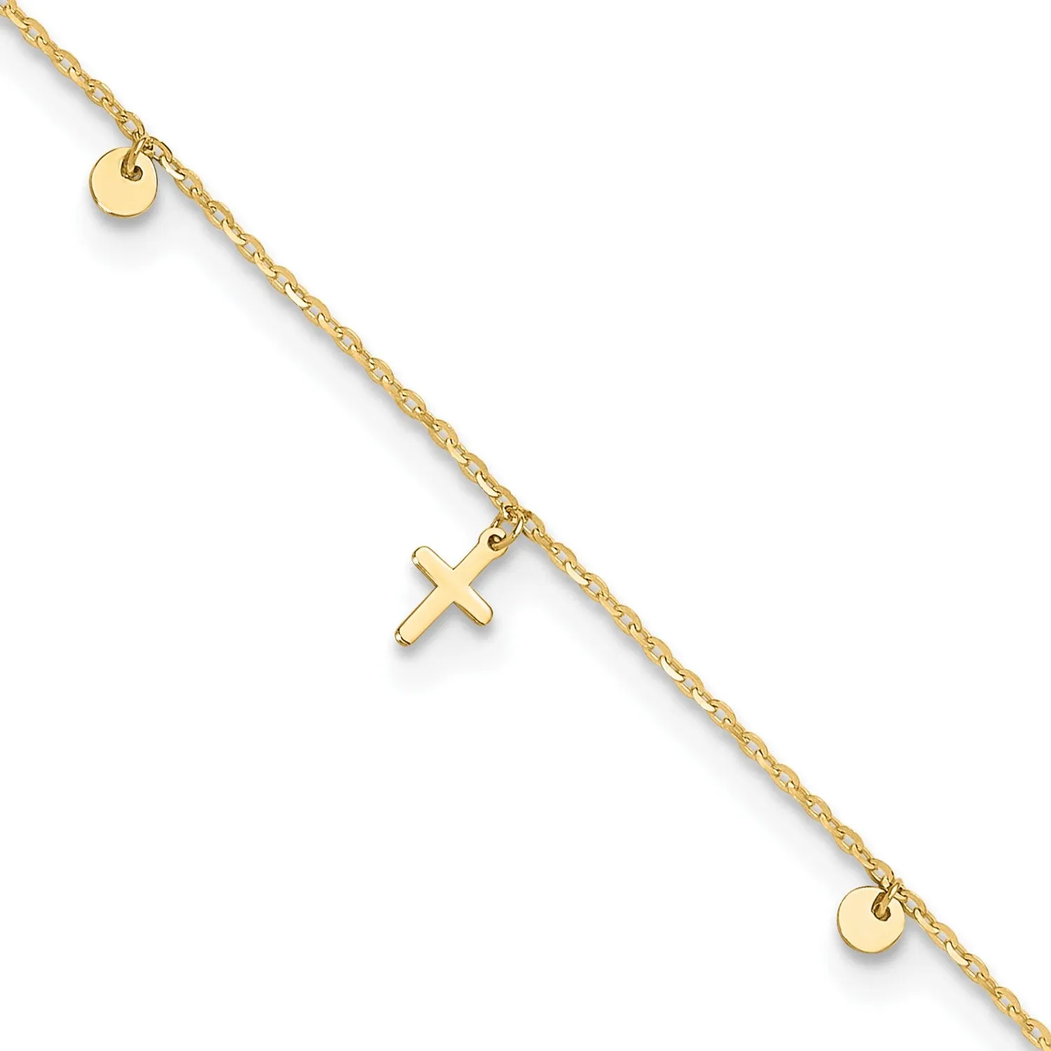 14K Yellow Gold High Polished Cross Charm Adjustable 9-10 Inch Anklet