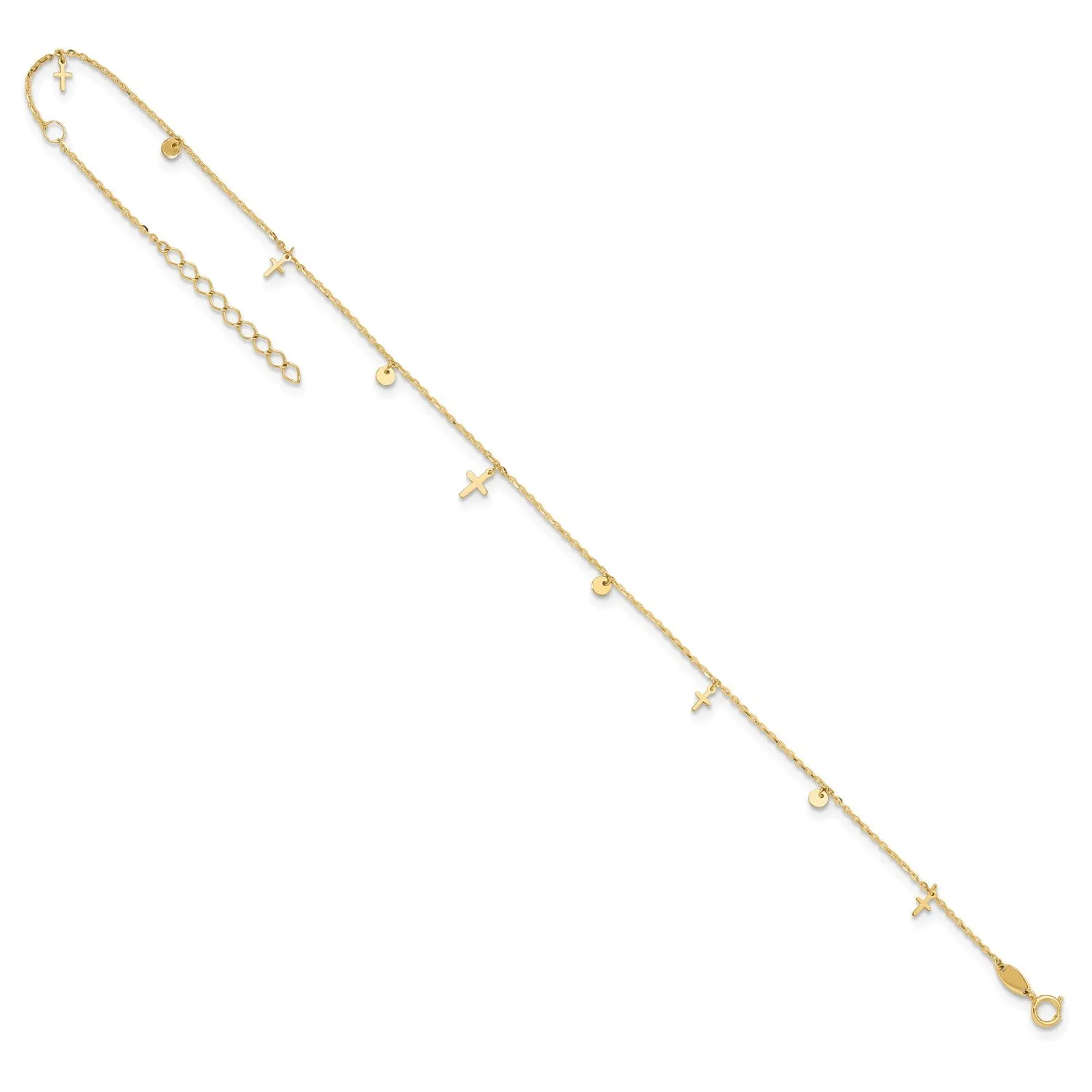 14K Yellow Gold High Polished Cross Charm Adjustable 9-10 Inch Anklet