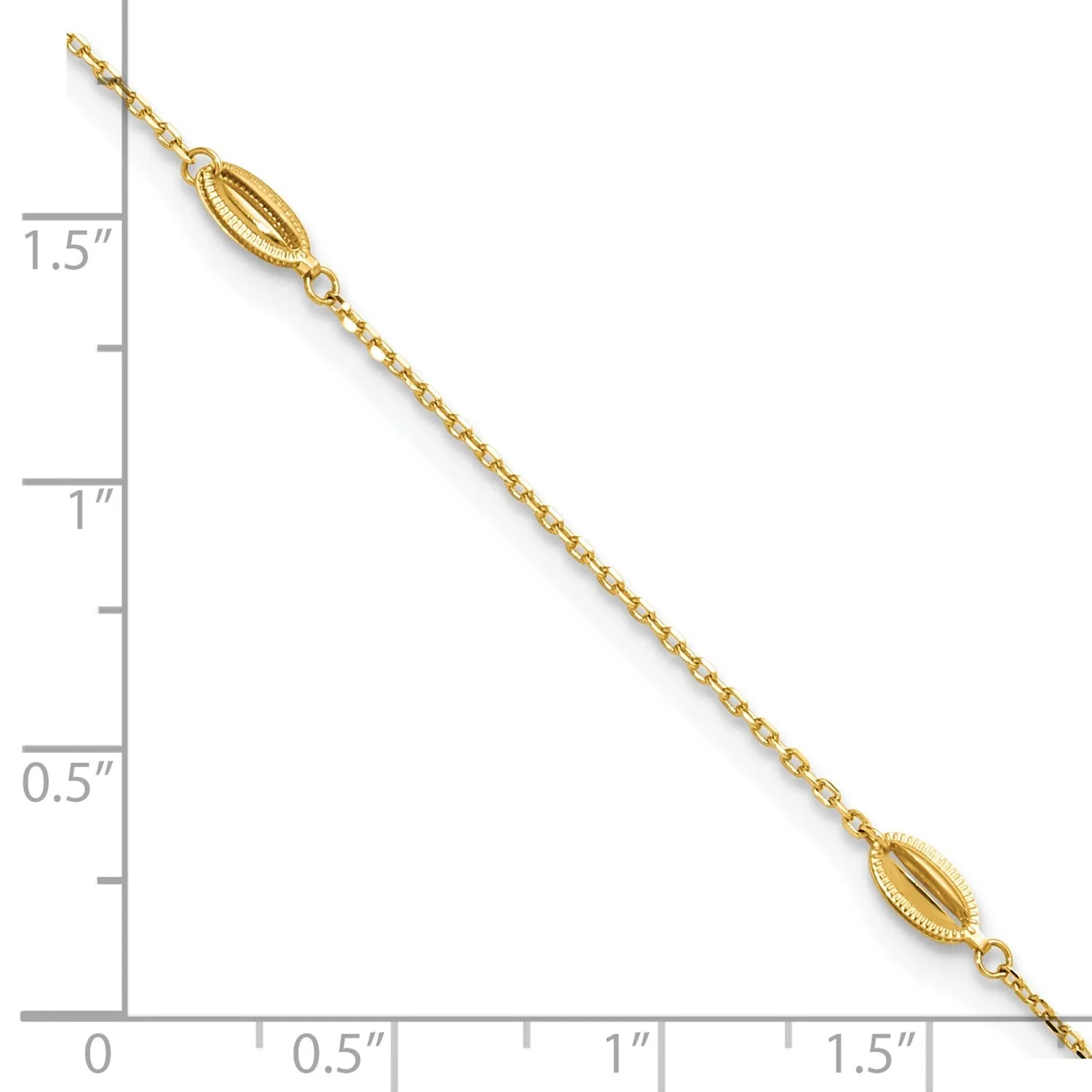 14K Yellow Gold Polished Oval Charm Anklet, 9 inch   1 inch Extension