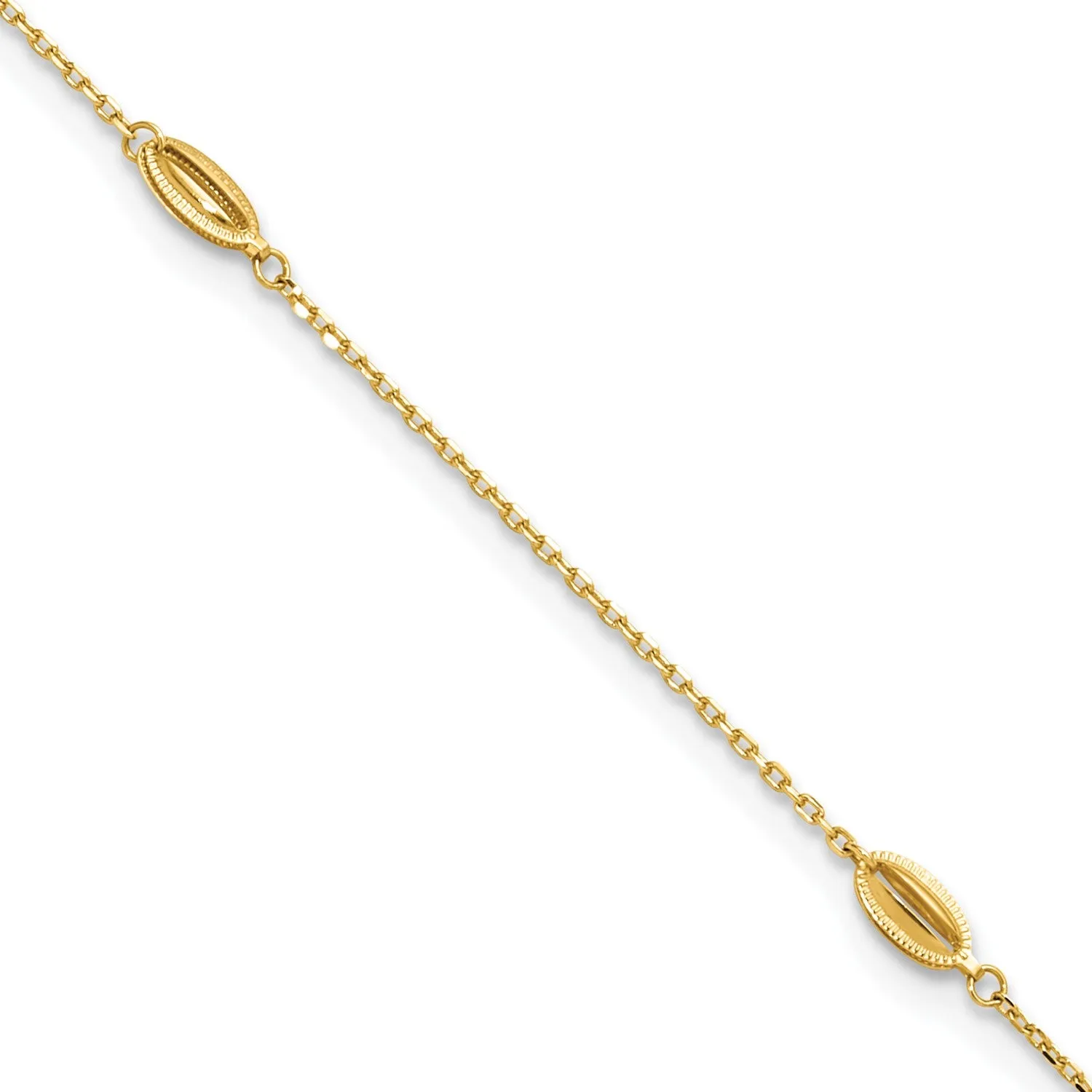 14K Yellow Gold Polished Oval Charm Anklet, 9 inch   1 inch Extension