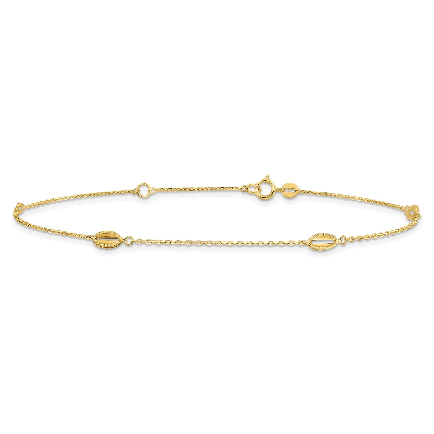 14K Yellow Gold Polished Oval Charm Anklet, 9 inch   1 inch Extension