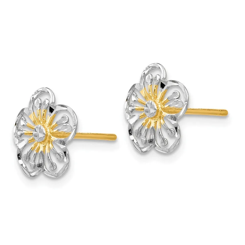 14KT Yellow Gold With Rhodium Plating 10MM Diamond-cut Stud Earrings