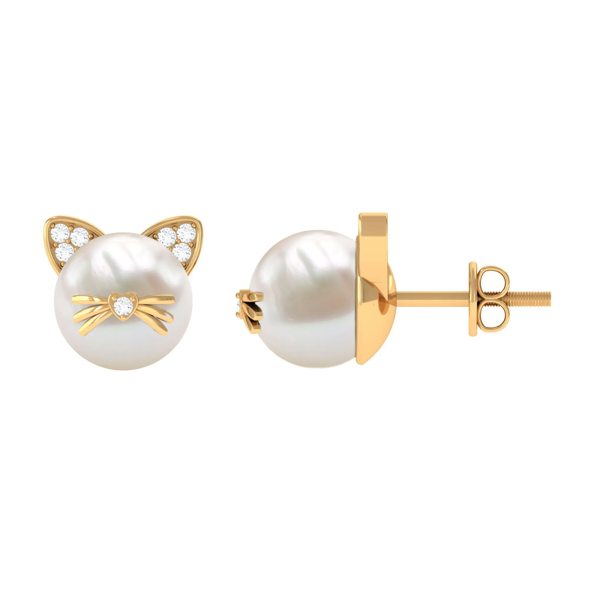 15 CT Freshwater Pearl and Diamond Kitten Stud Earrings