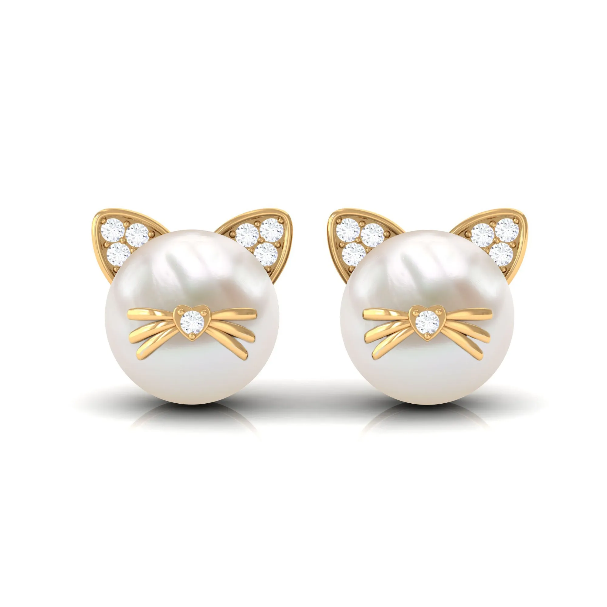 15 CT Freshwater Pearl and Diamond Kitten Stud Earrings