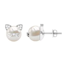 15 CT Freshwater Pearl and Diamond Kitten Stud Earrings