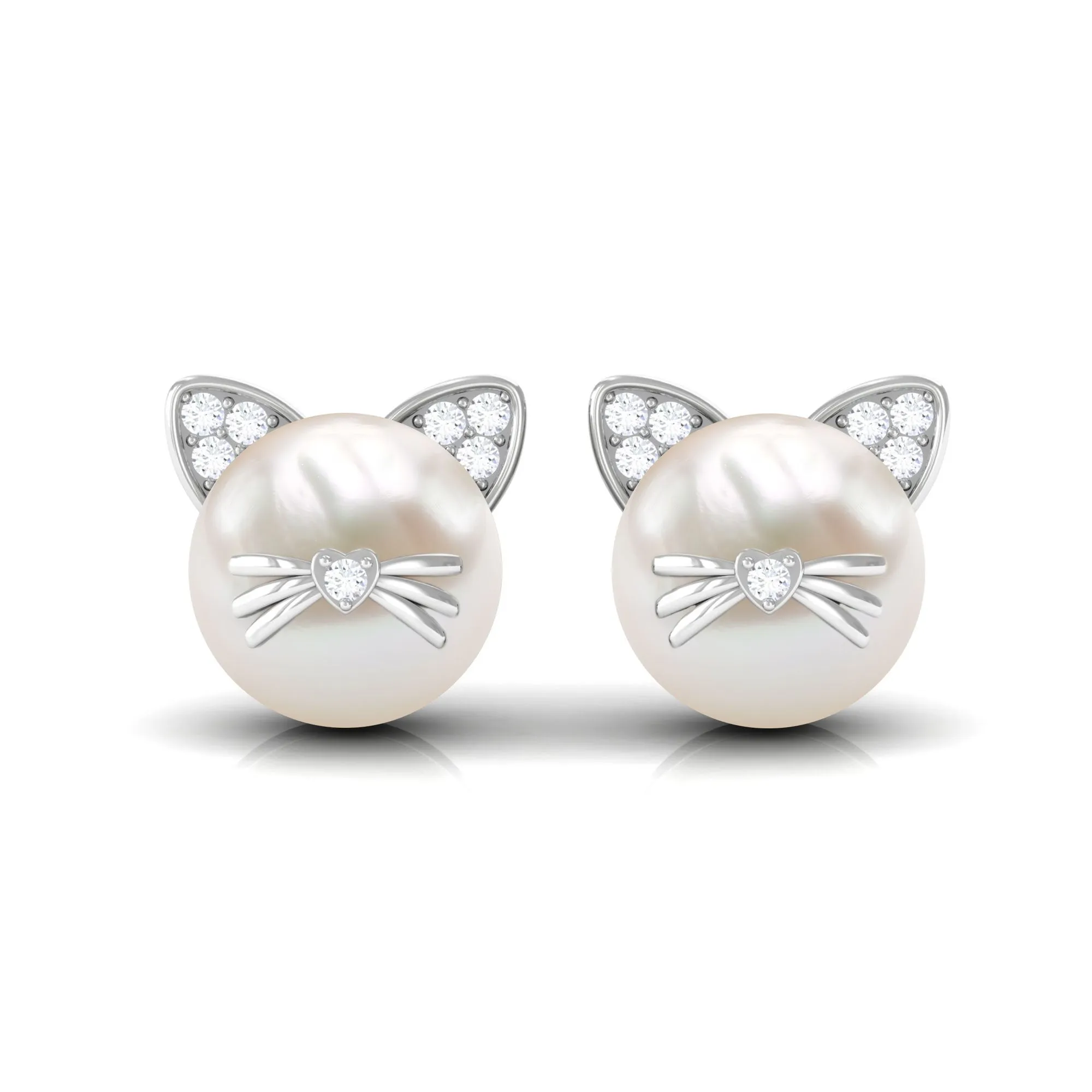 15 CT Freshwater Pearl and Diamond Kitten Stud Earrings