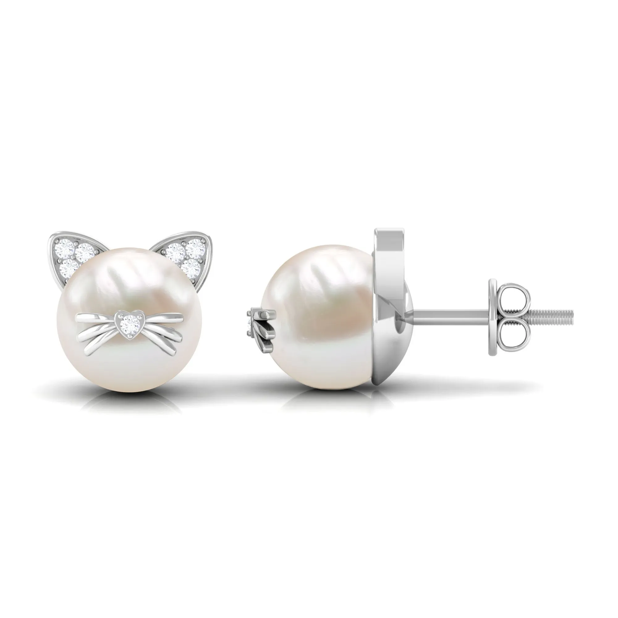 15 CT Freshwater Pearl and Diamond Kitten Stud Earrings