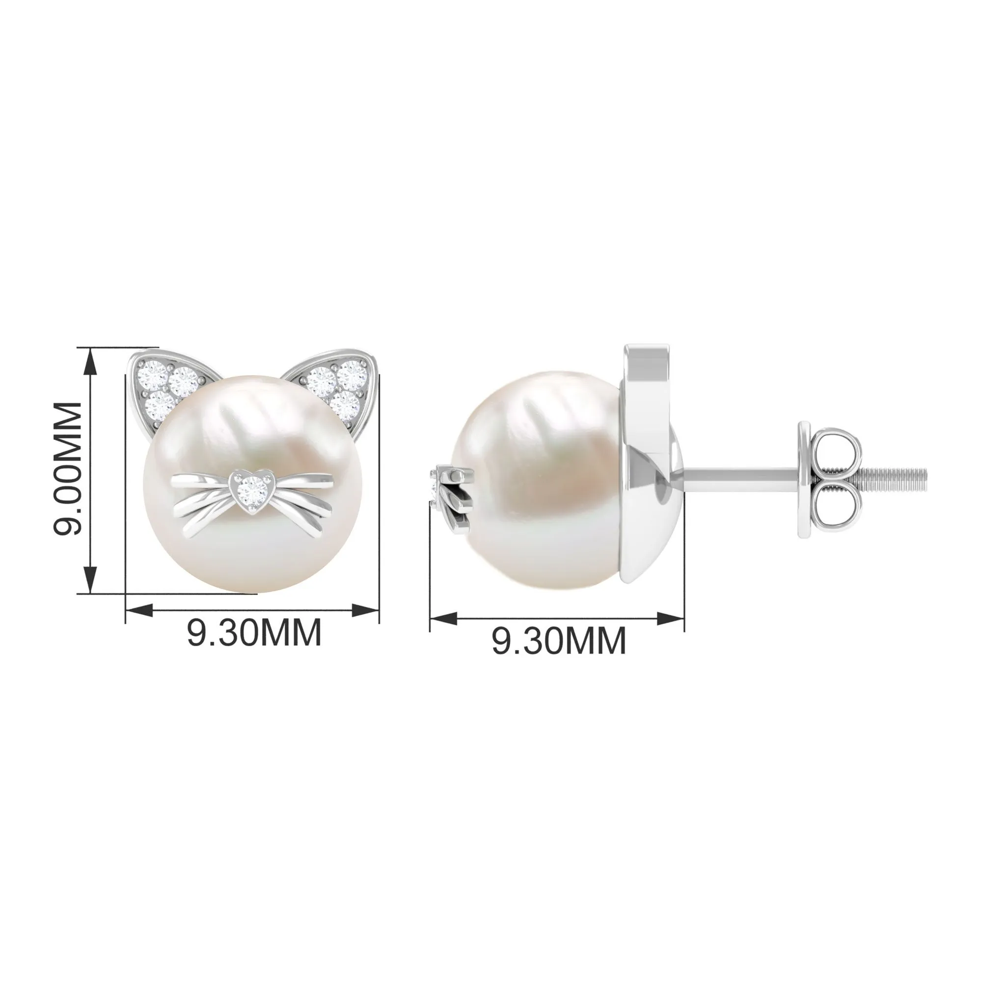 15 CT Freshwater Pearl and Diamond Kitten Stud Earrings