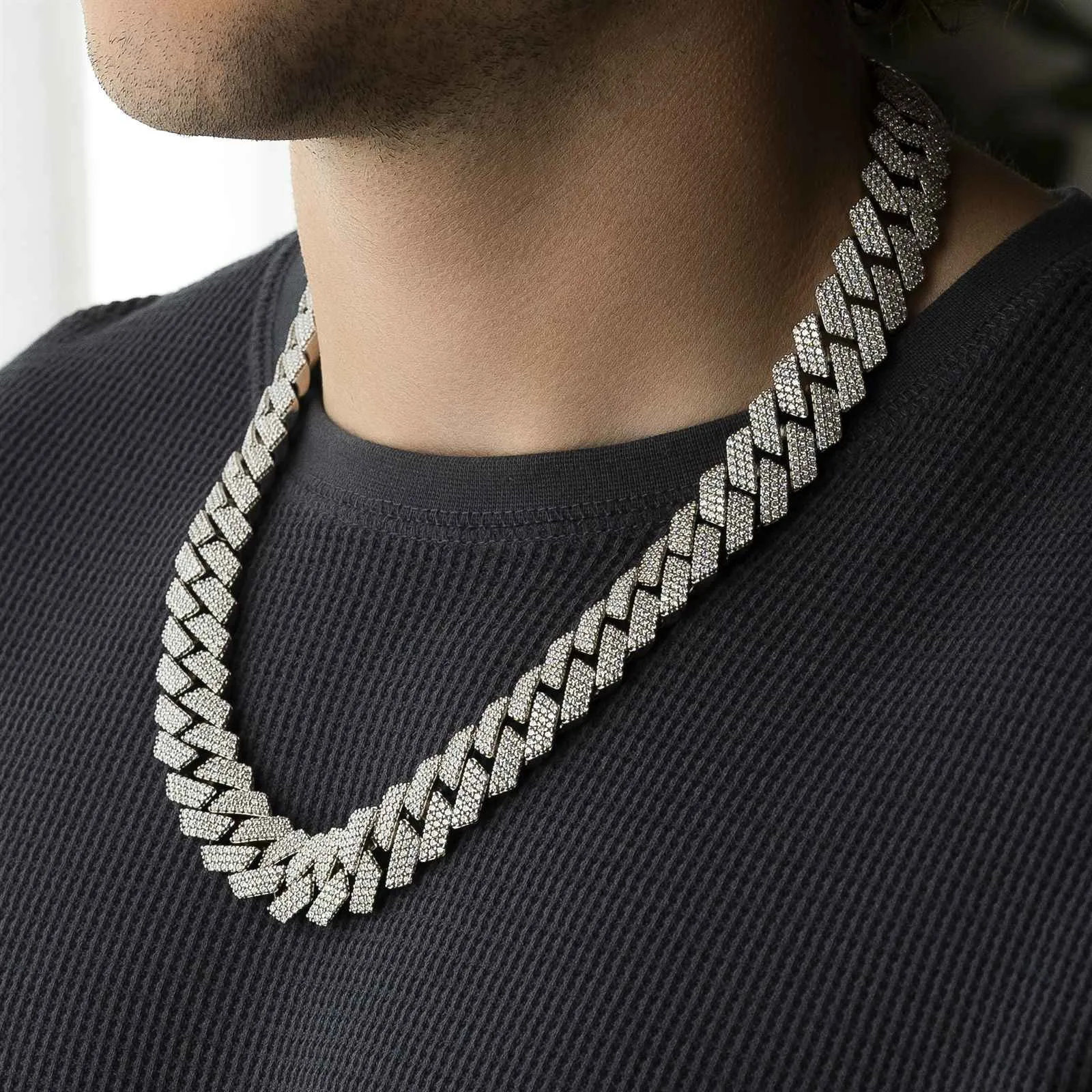 3 Row Diamond Cuban Link Chain White Gold 8mm