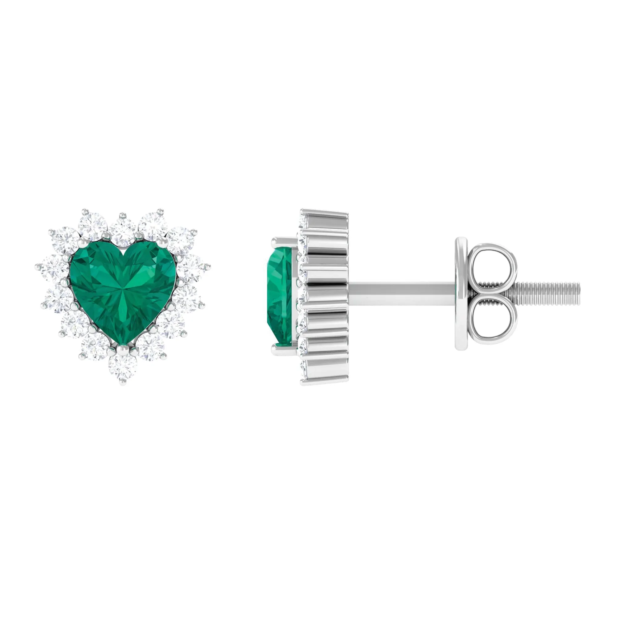 3/4 CT Heart Shape Created Emerald and Diamond Halo Stud Earrings