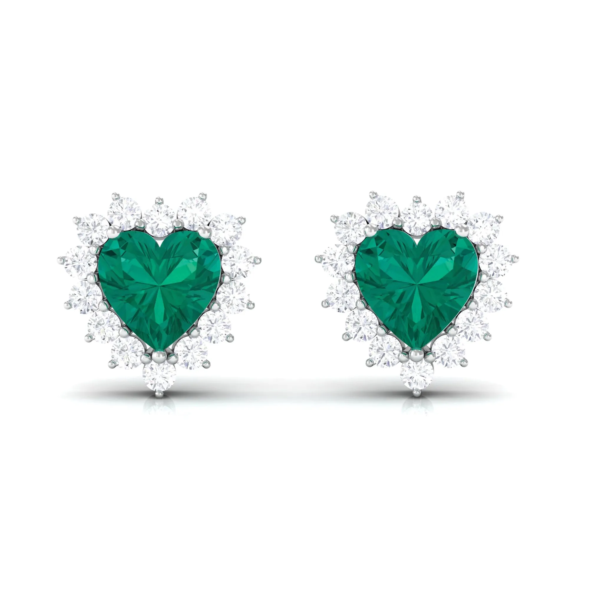 3/4 CT Heart Shape Created Emerald and Diamond Halo Stud Earrings