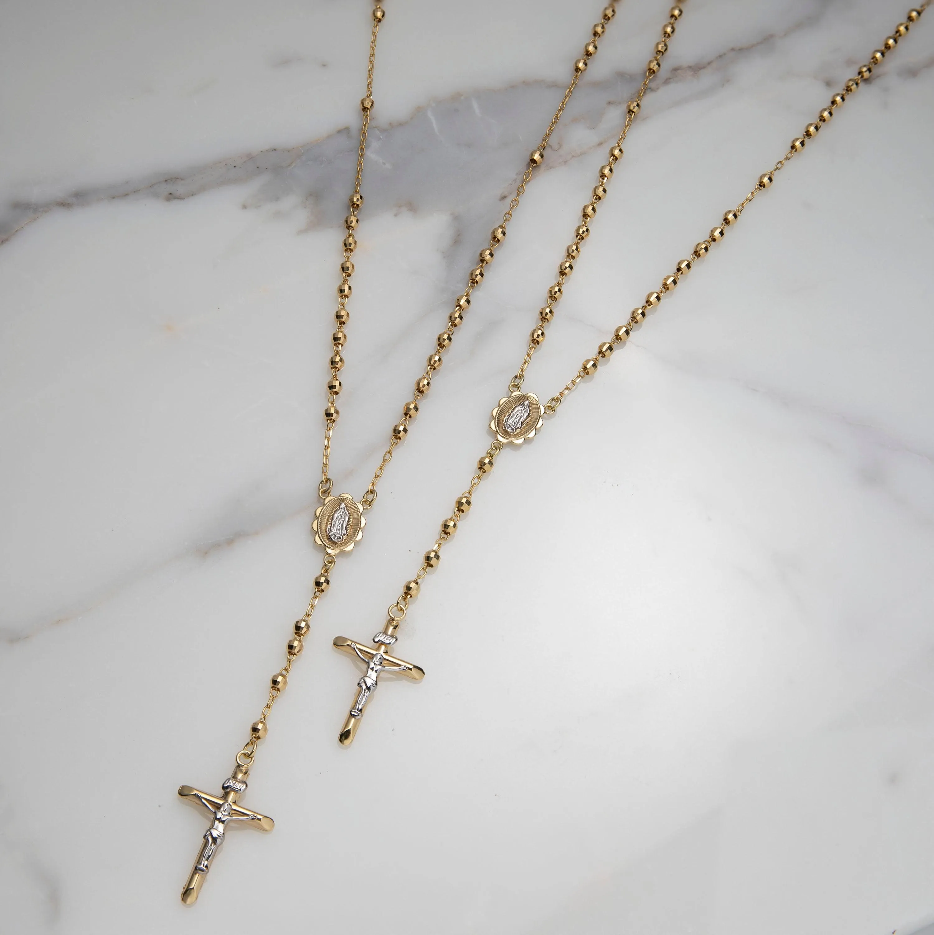 4mm Diamond-Cut Cross Rosary Crucifix Chain Necklace 10K Yellow Gold