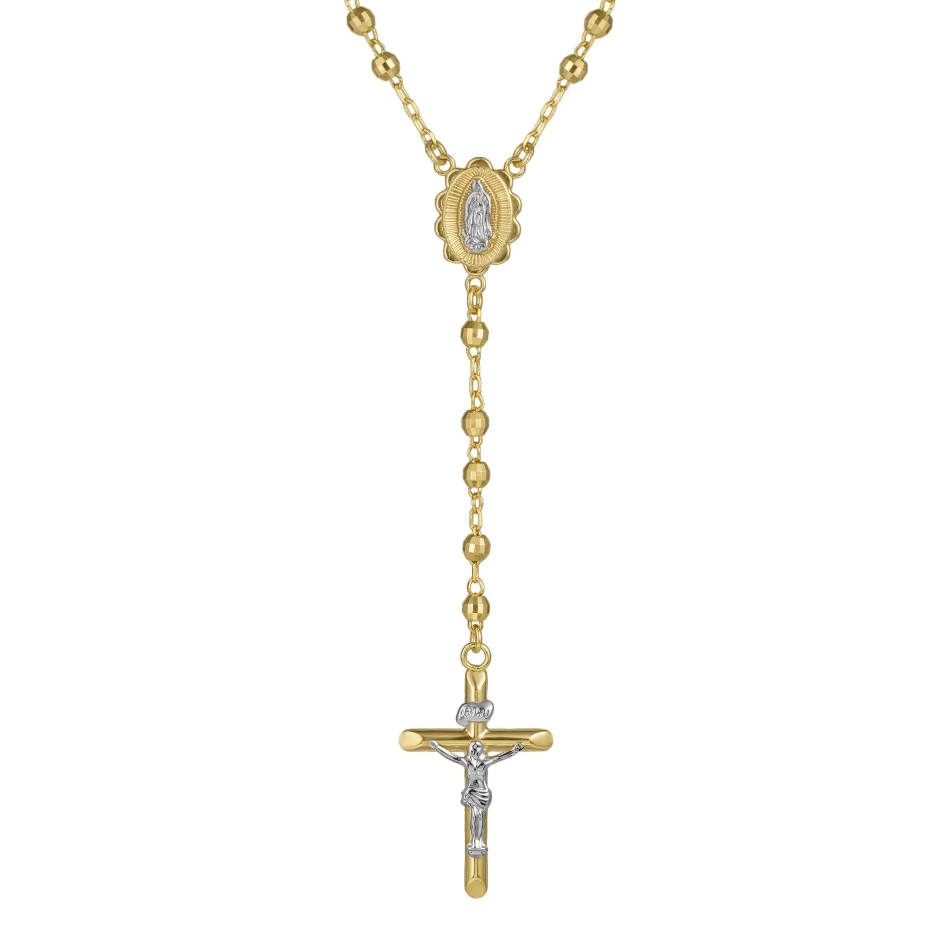 4mm Diamond-Cut Cross Rosary Crucifix Chain Necklace 10K Yellow Gold