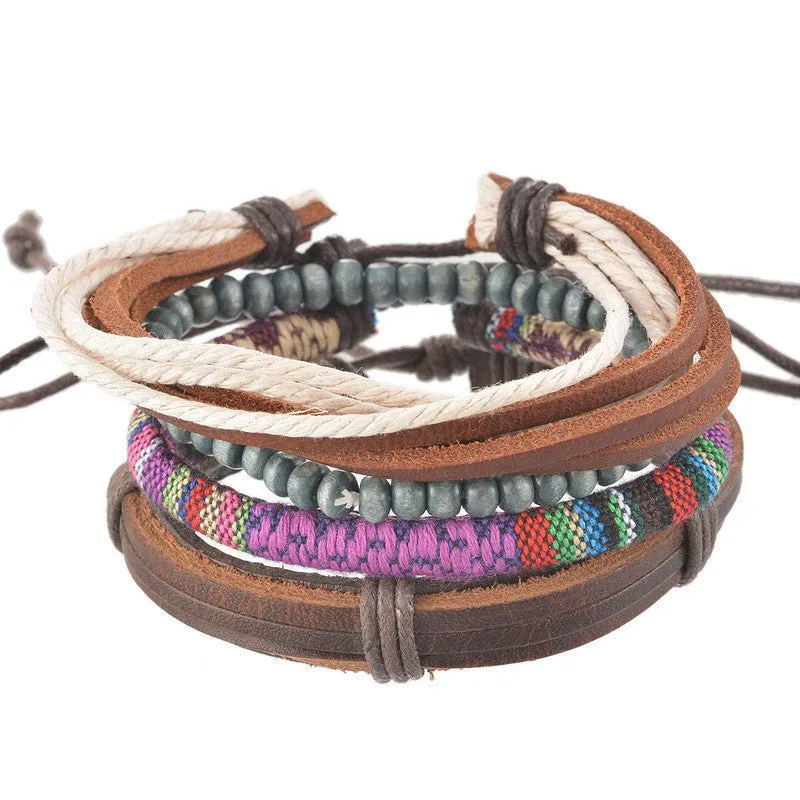 4pcs Braided Adjustable Leather Bracelet  Cuff  Women &  Men Casual Jewelry