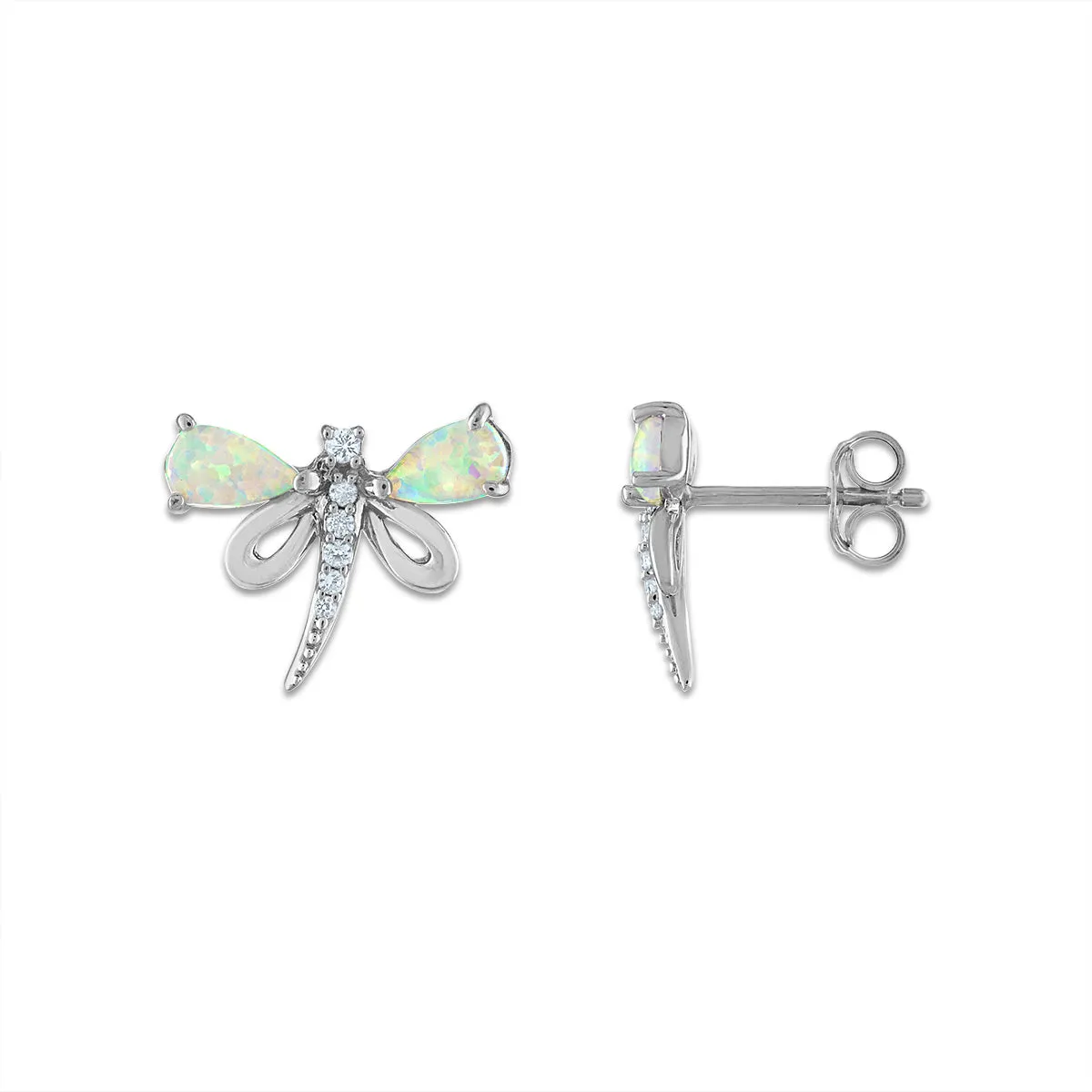 5X3MM Pear Opal and White Sapphire Stud Dragonfly Earrings in Sterling Silver