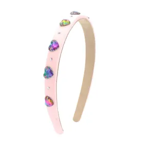 Bari Lynn Thin Satin Jeweled Hearts Headband - Pink