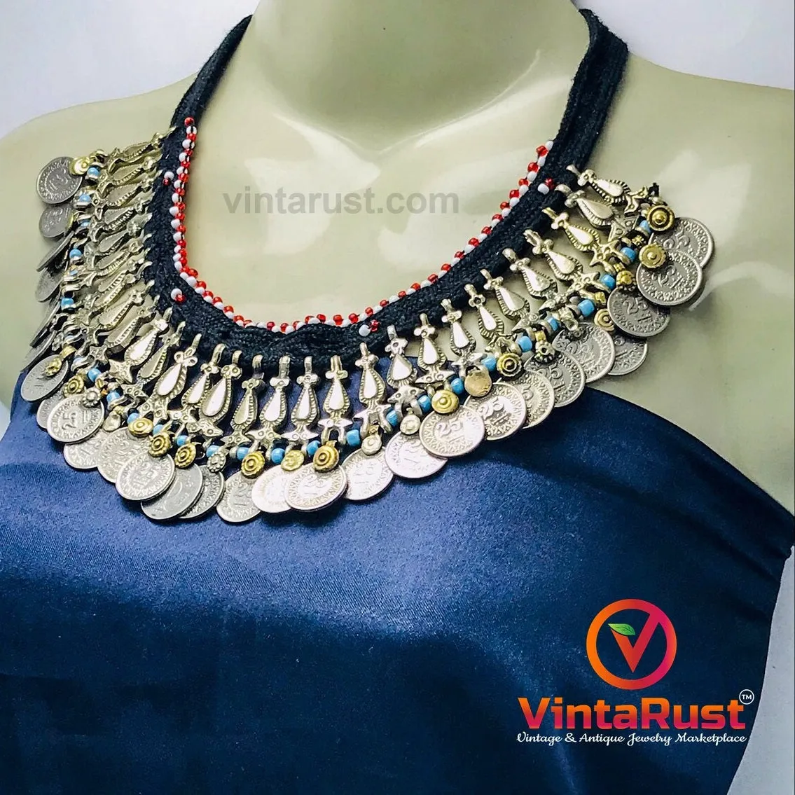 Boho Choker Necklace With Beads and Vintage Coins