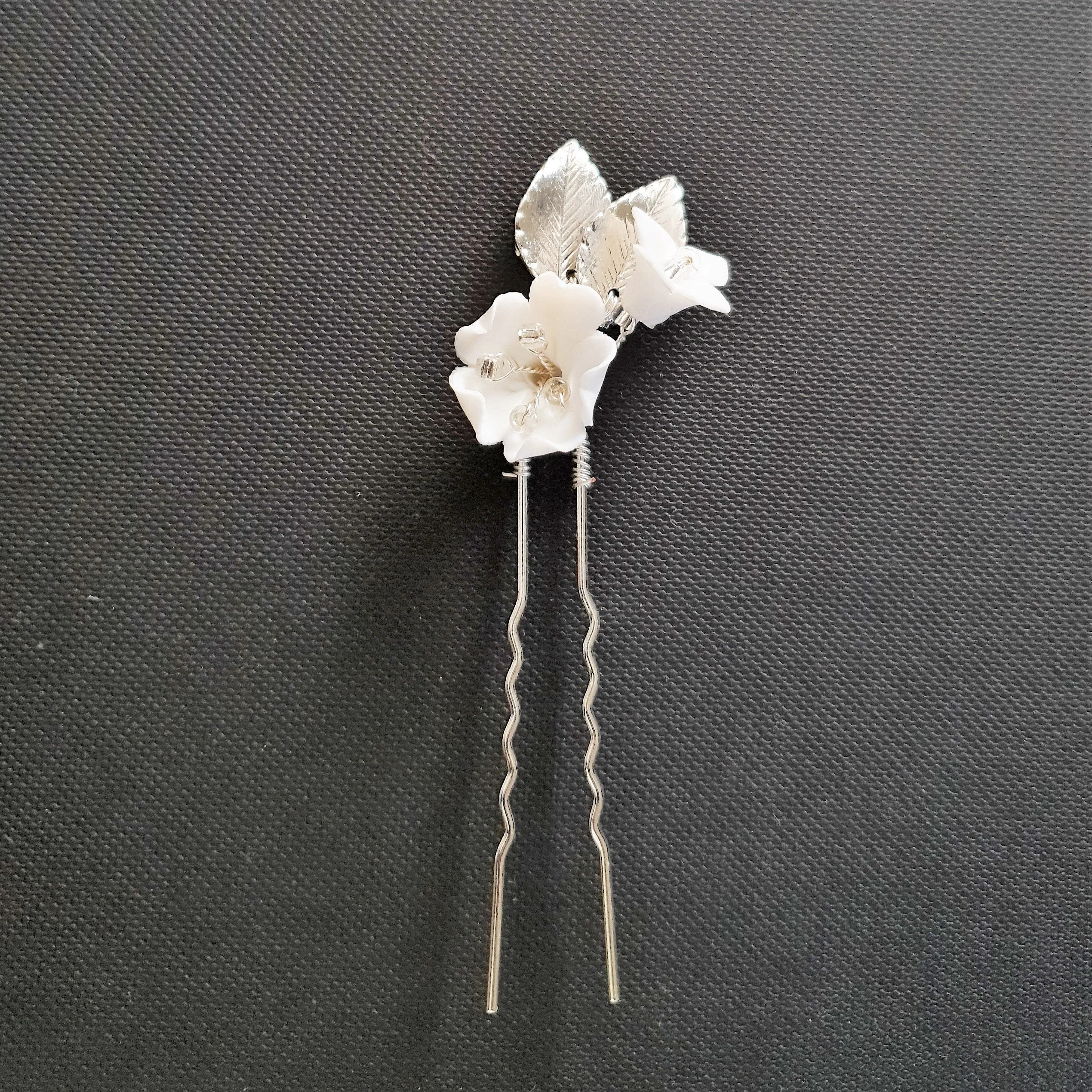 Bridal Hair Pins Set with White Flowers-Magnolia