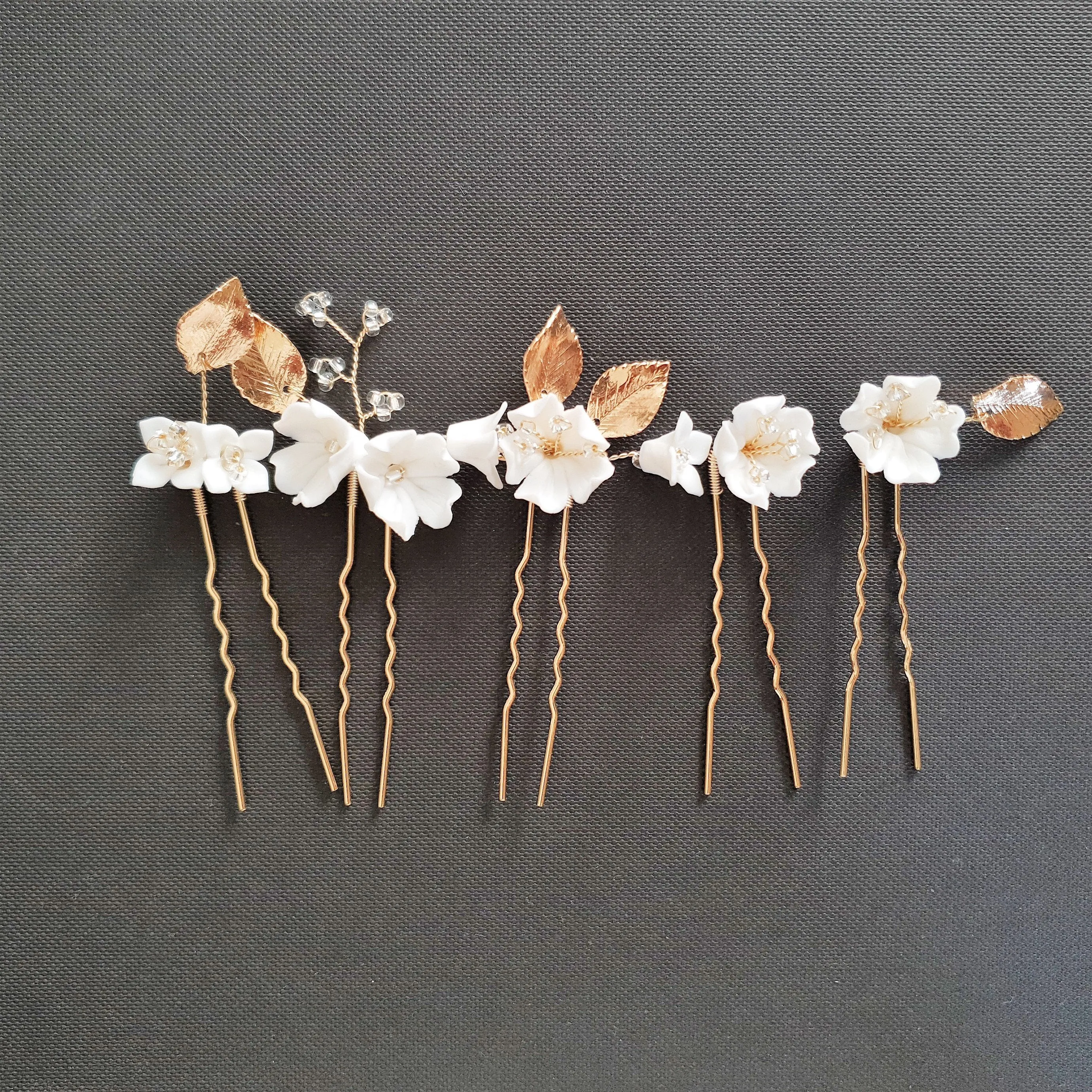 Bridal Hair Pins Set with White Flowers-Magnolia