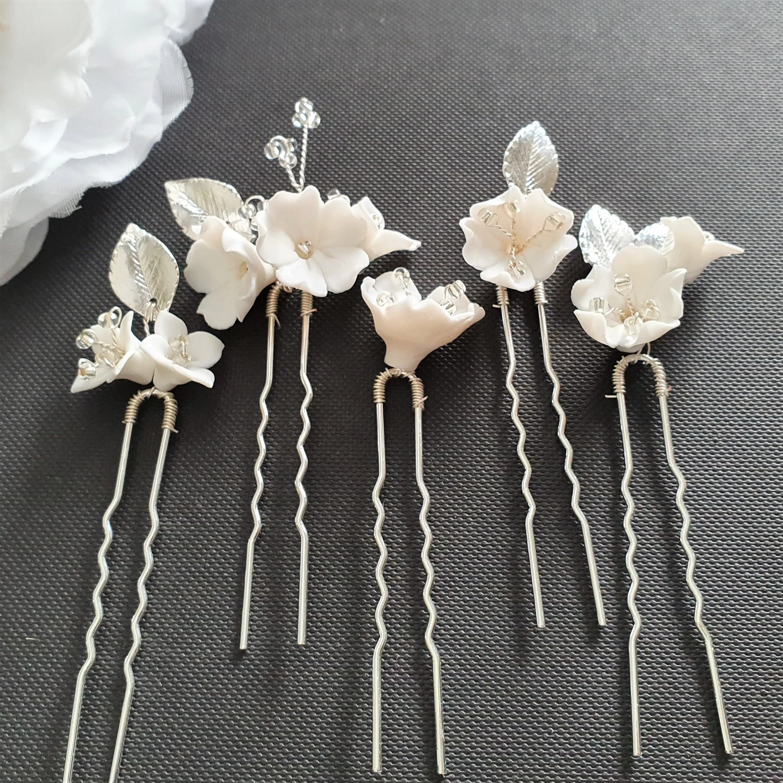 Bridal Hair Pins Set with White Flowers-Magnolia