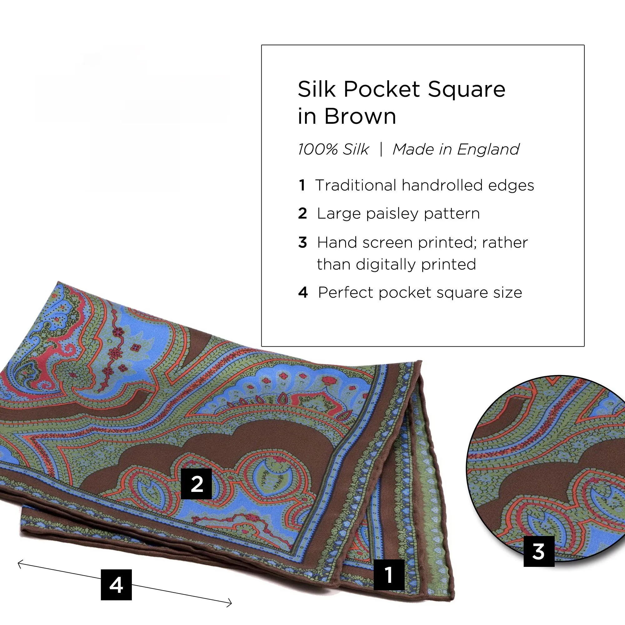 Brown & Green Large Paisley Silk Pocket Square