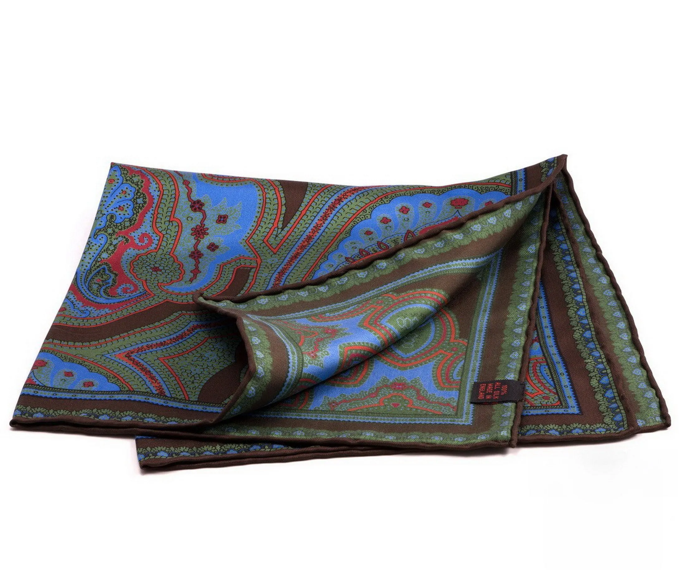 Brown & Green Large Paisley Silk Pocket Square