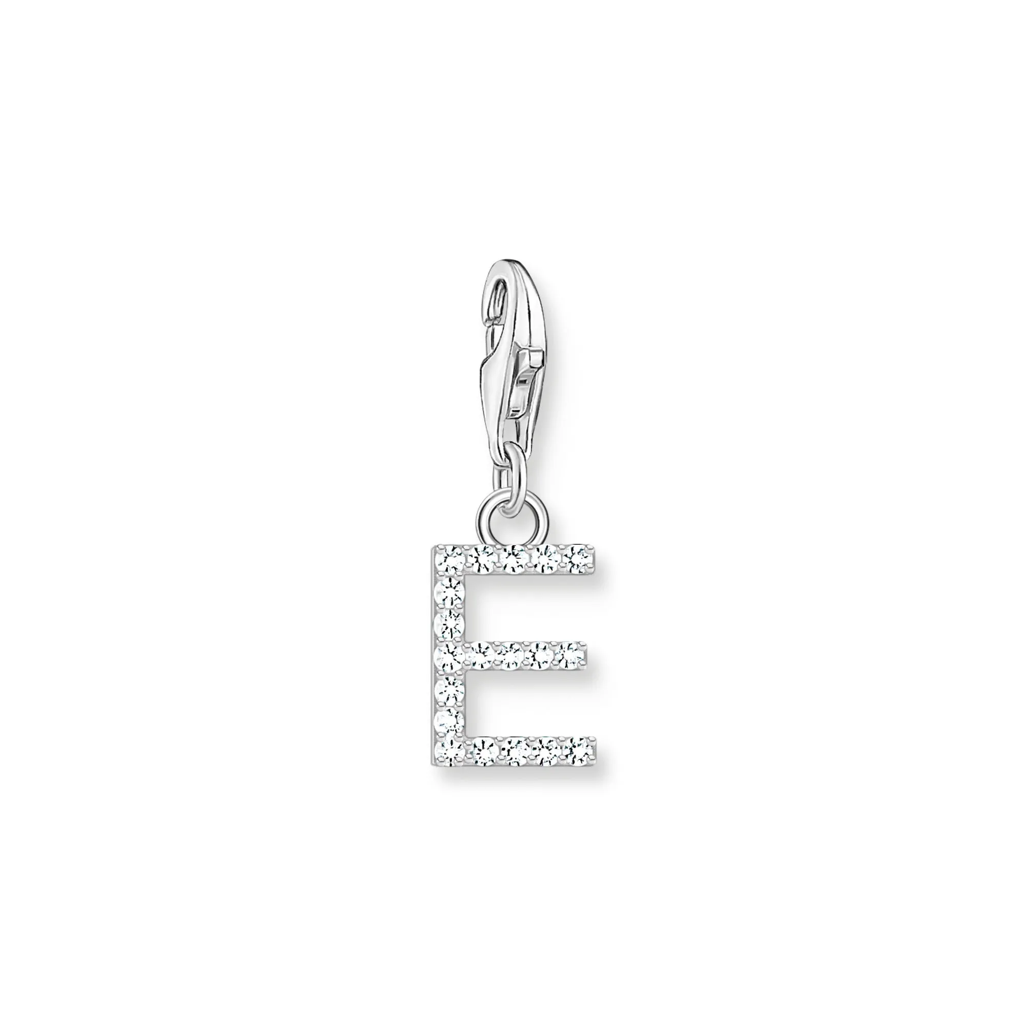 Charm pendant letter E with white stones silver