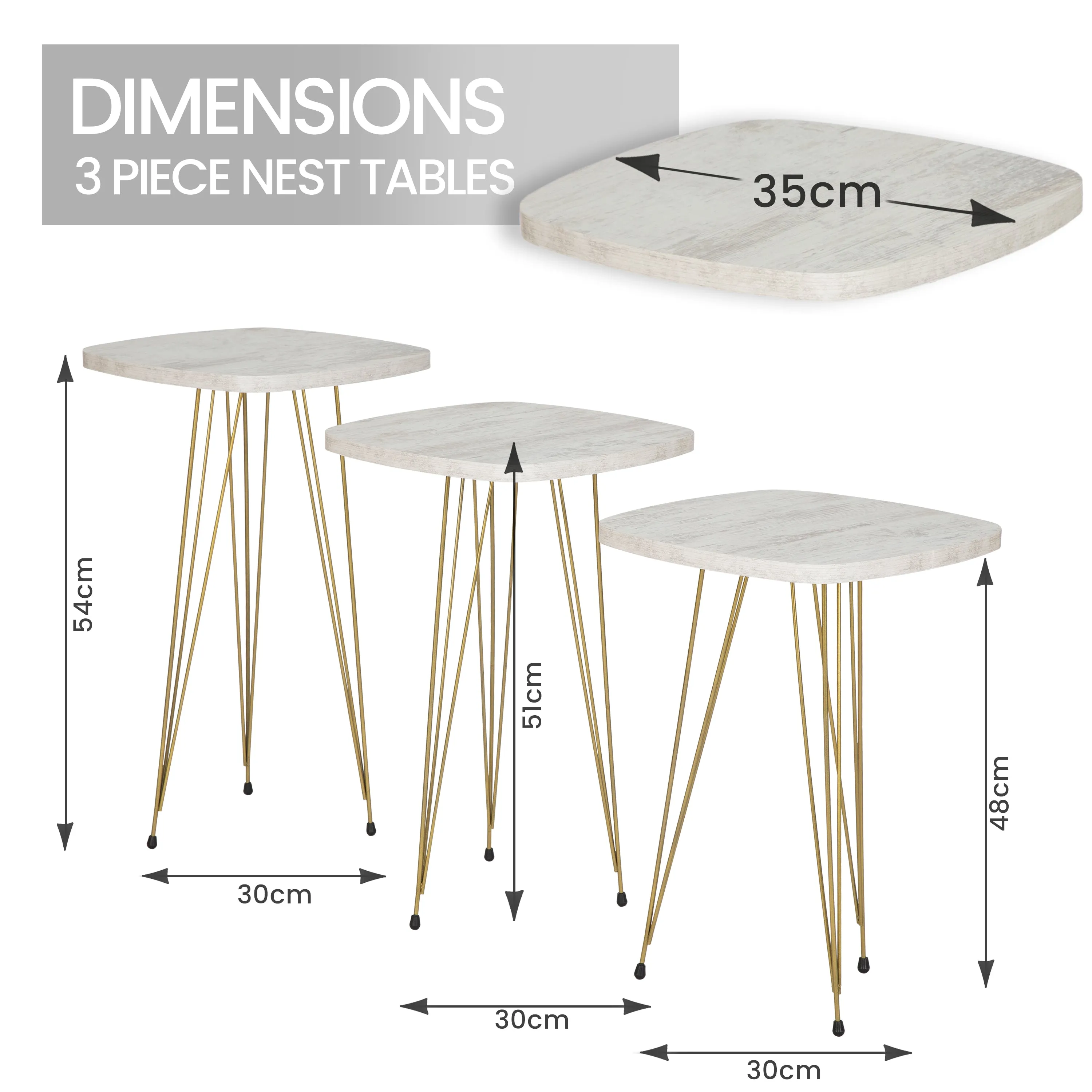 Crystal Set of 3 Square Side Tables - White Marble & Gold