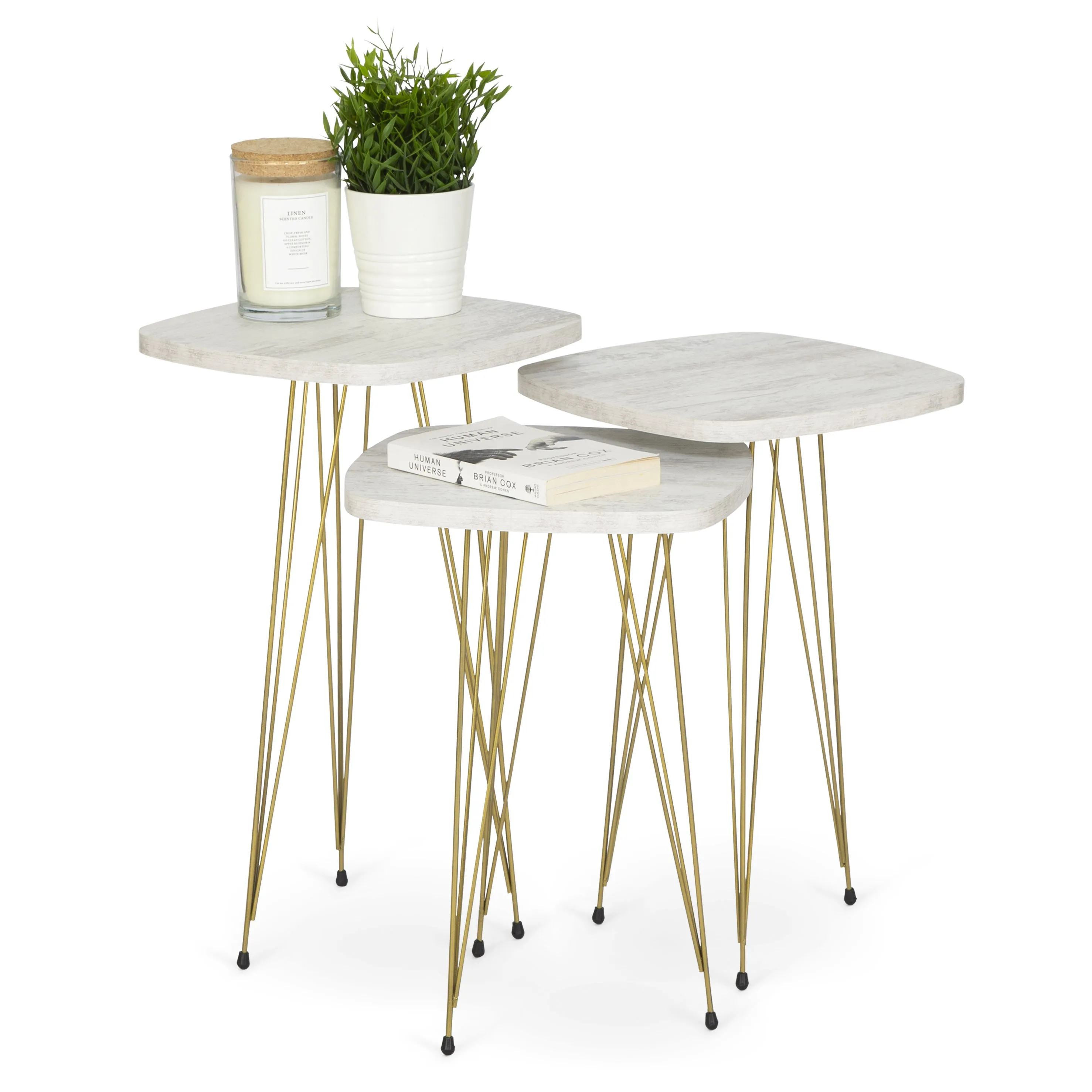 Crystal Set of 3 Square Side Tables - White Marble & Gold