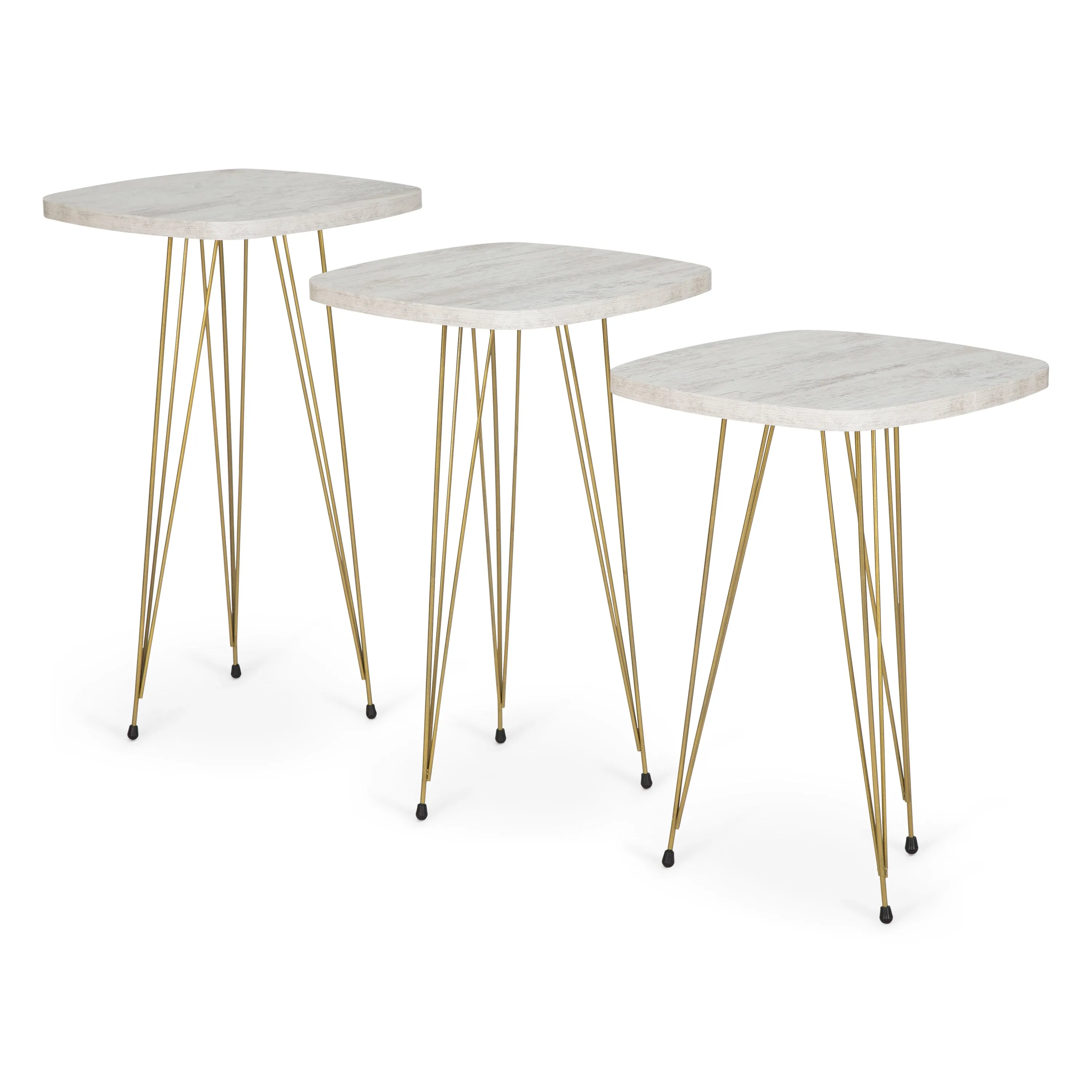 Crystal Set of 3 Square Side Tables - White Marble & Gold