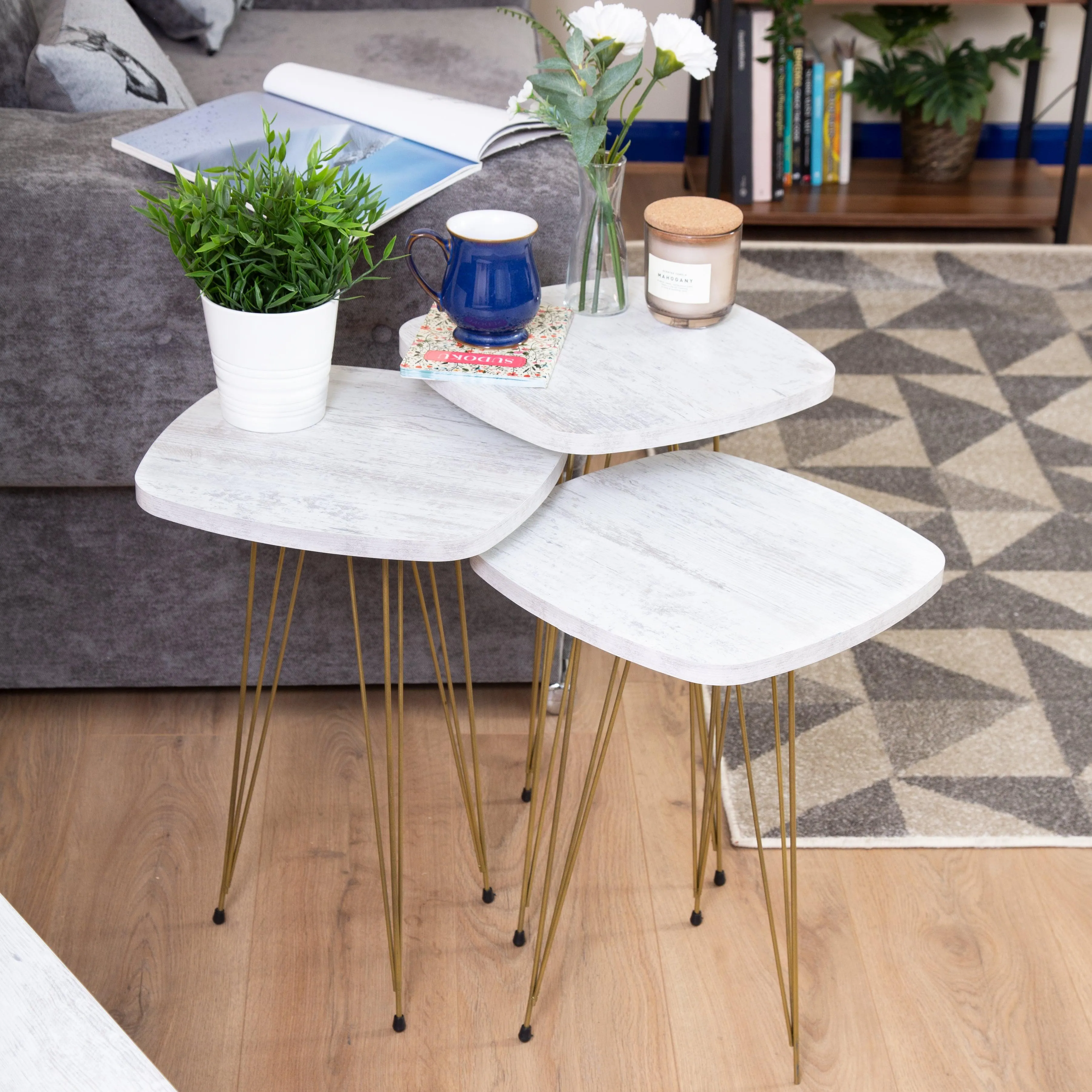 Crystal Set of 3 Square Side Tables - White Marble & Gold