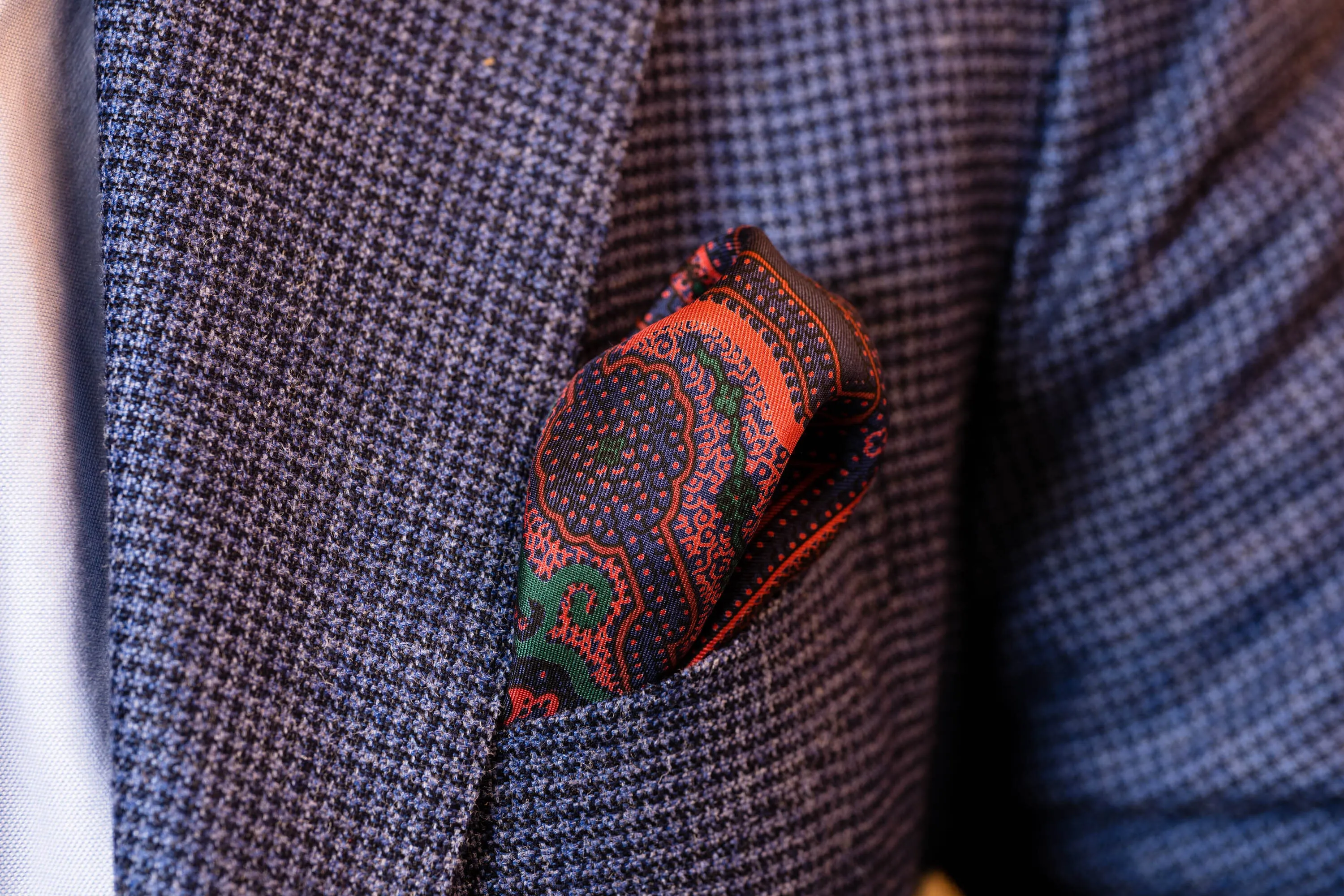 Dark Blue & Orange Large Paisley Silk Pocket Square