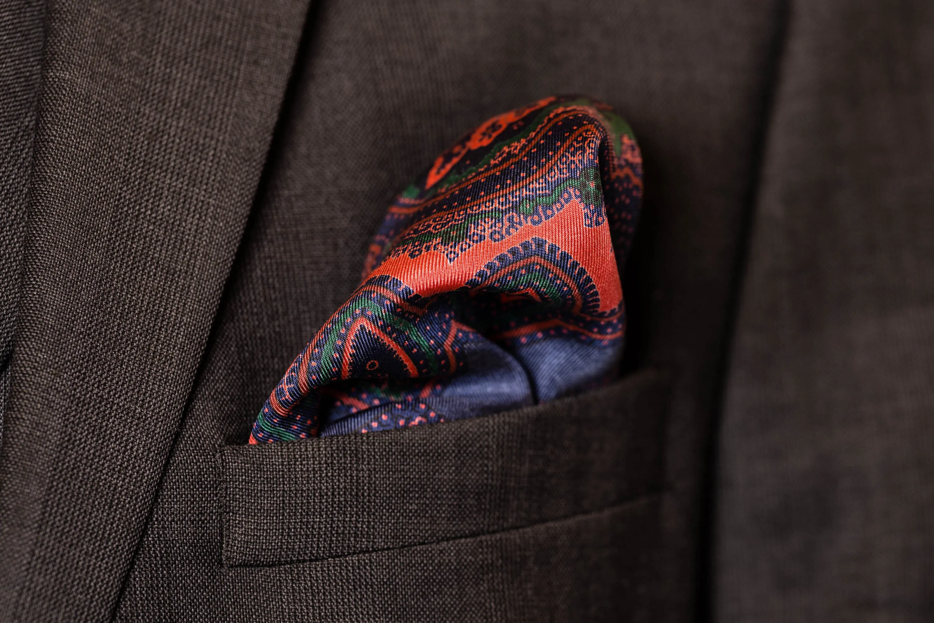 Dark Blue & Orange Large Paisley Silk Pocket Square