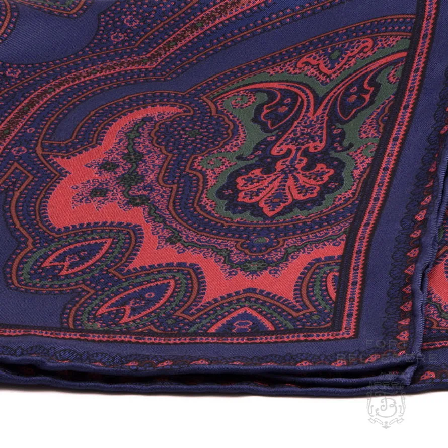 Dark Blue & Orange Large Paisley Silk Pocket Square