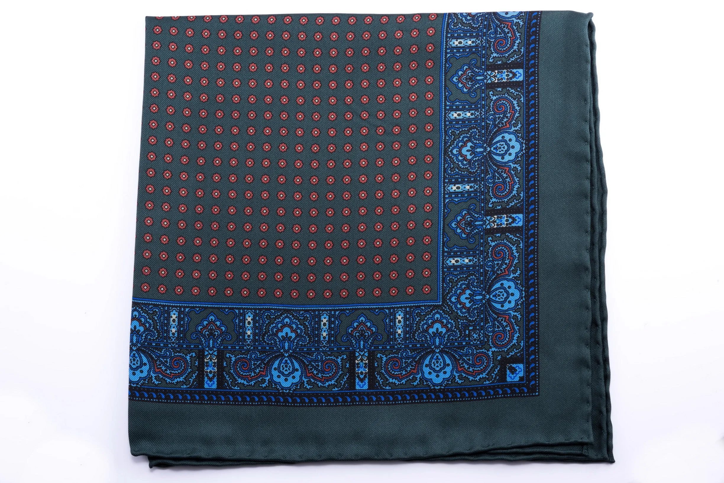 Dark Green Dot & Paisley Silk Pocket Square